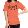 River to Ridge Clothing Brand Womens T shirt in Mule Deer Antler Logo in Heather Orange - close up photo of woman wearing the t shirt