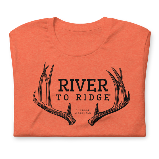 River to Ridge Clothing Brand Womens T shirt in Mule Deer Antler Logo in Heather Orange