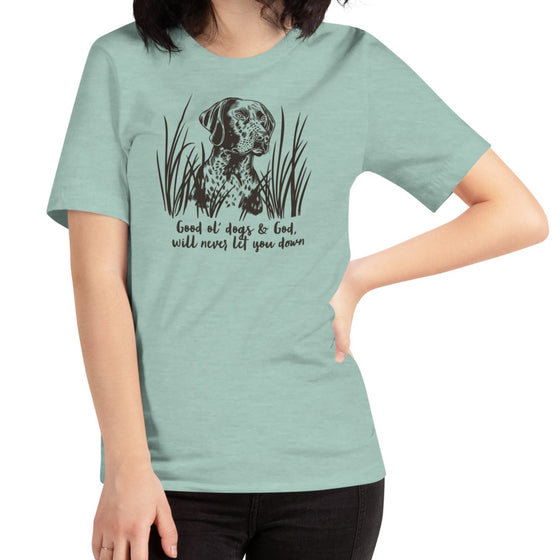 Product mockup from River to Ridge Clothing brand of a Good ol dogs and God T shirt for Women with a GSP hunting dog on it printed in brown