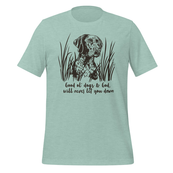 Product mockup from River to Ridge Clothing brand of a Good ol dogs and God T shirt for Women with a GSP hunting dog on it printed in brown