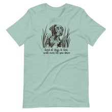  Product mockup from River to Ridge Clothing brand of a Good ol dogs and God T shirt for Women with a GSP hunting dog on it printed in brown