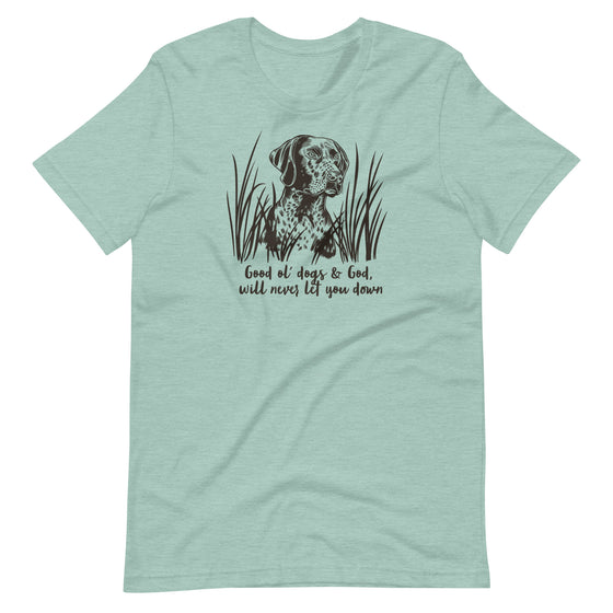 Product mockup from River to Ridge Clothing brand of a Good ol dogs and God T shirt for Women with a GSP hunting dog on it printed in brown