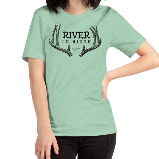 River to Ridge Women's Antler Logo T Shirt, Heather Orange or Mint