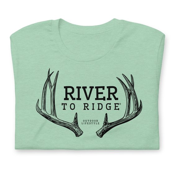 River to Ridge Clothing Brand Womens T shirt in Mule Deer Antler Logo in Heather Mint