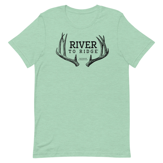 River to Ridge Clothing Brand Womens T shirt in Mule Deer Antler Logo in Heather Mint