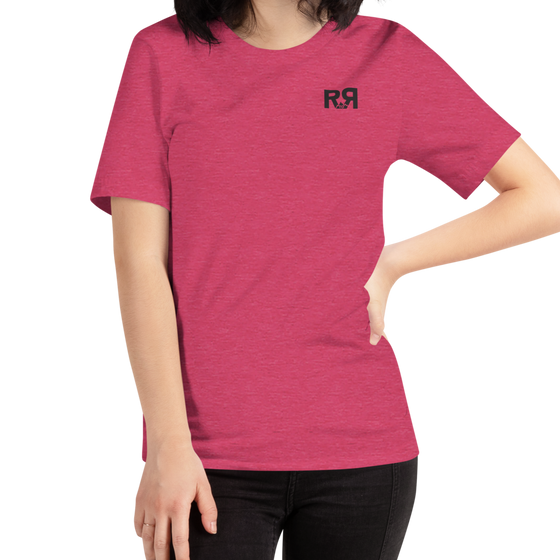 Raspberry colored T Shirt for women with the River to Ridge clothing brand logo on the chest.