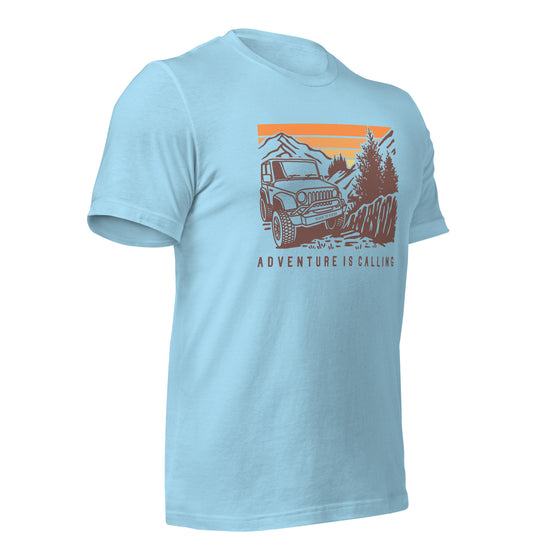 Mens form T shirt featuring a Jeep offroad and saying Adventure Is Calling from River to Ridge Clothing Brand.