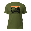 Men's T Shirt with graphic of a Jeep offroading in the mountains with the Words Adventure is Calling from River to Ridge Clothing brand