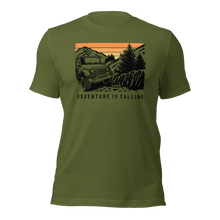  Men's T Shirt with graphic of a Jeep offroading in the mountains with the Words Adventure is Calling from River to Ridge Clothing brand