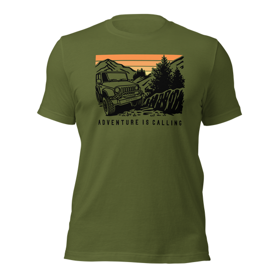 Men's T Shirt with graphic of a Jeep offroading in the mountains with the Words Adventure is Calling from River to Ridge Clothing brand