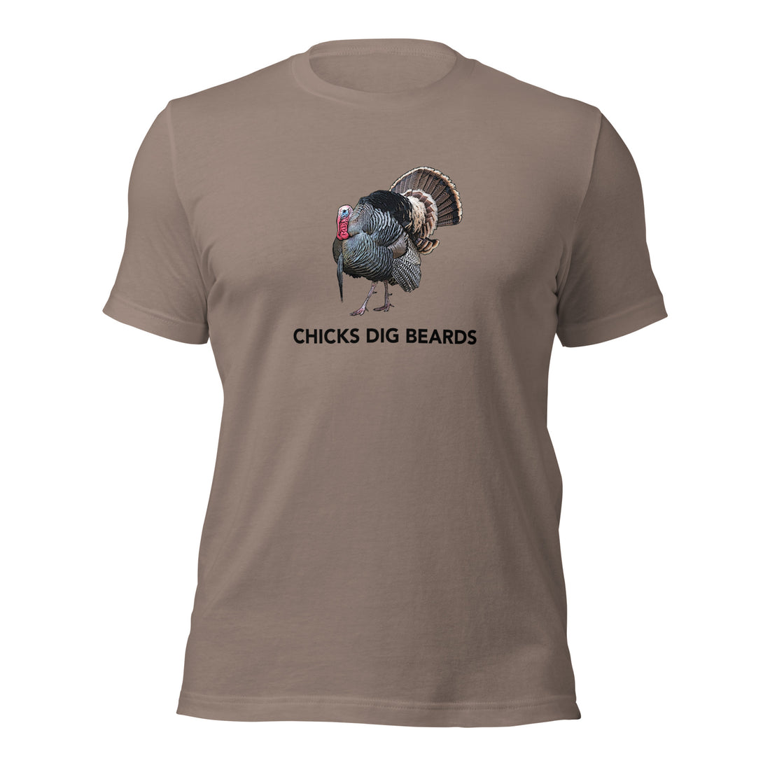  Chicks Dig Beards, Turkey Hunting Funny T shirt from River to Ridge Clothing Brand, Men's T with a long beard turkey gobbler on it in tan