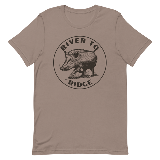 Womens t shirt in pebble brown with a hog hunting logo on it from River to Ridge Clothing Brand