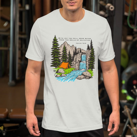 Product mockup of a Christian Scripture T shirt from River To Ridge clothing with Isaiah 12:3 and a tent and a waterfall