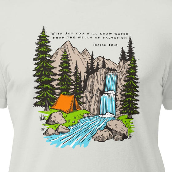 Product mockup of a Christian Scripture T shirt from River To Ridge clothing with Isaiah 12:3 and a tent and a waterfall