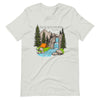 Product mockup of a Christian Scripture T shirt from River To Ridge clothing with Isaiah 12:3 and a tent and a waterfall