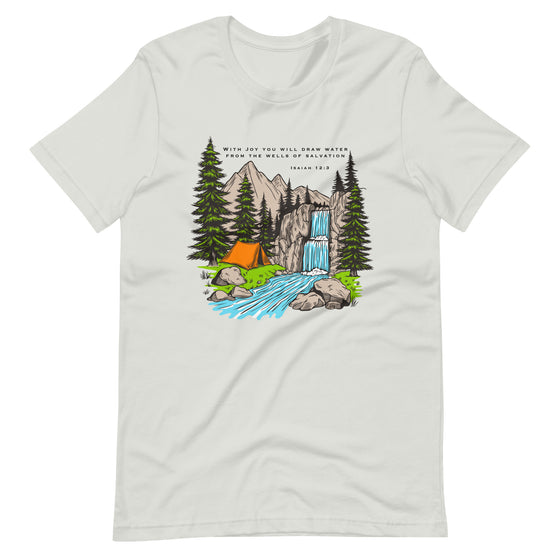 Product mockup of a Christian Scripture T shirt from River To Ridge clothing with Isaiah 12:3 and a tent and a waterfall