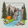 Product mockup of a Christian Scripture T shirt from River To Ridge clothing with Isaiah 12:3 and a tent and a waterfall