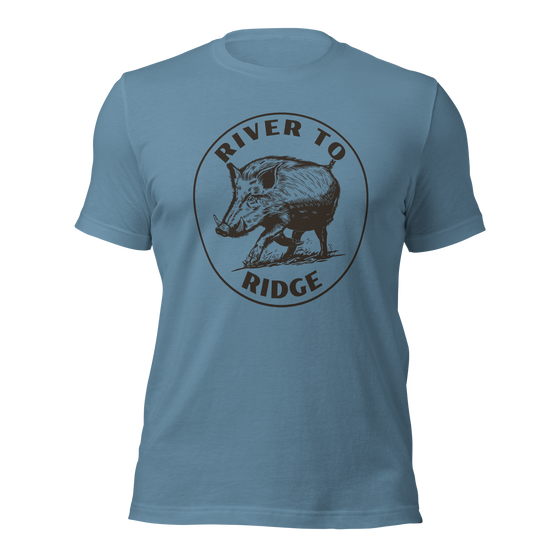 River to Ridge Clothing Brand T shirt in blue with Hog Hunting Logo of a wild boar