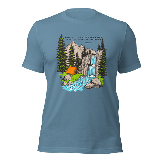 Product mockup of a Christian Scripture T shirt from River To Ridge clothing with Isaiah 12:3 and a tent and a waterfall