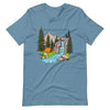 Product mockup of a Christian Scripture T shirt from River To Ridge clothing with Isaiah 12:3 and a tent and a waterfall