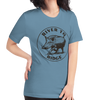 Woman wearing a River to Ridge Brand Hog Hunting T shirt in blue