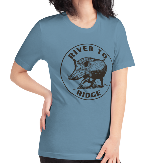 Woman wearing a River to Ridge Brand Hog Hunting T shirt in blue