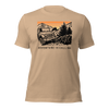 Men's T Shirt with graphic of a Jeep offroading in the mountains with the Words Adventure is Calling from River to Ridge Clothing brand