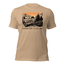  Men's T Shirt with graphic of a Jeep offroading in the mountains with the Words Adventure is Calling from River to Ridge Clothing brand