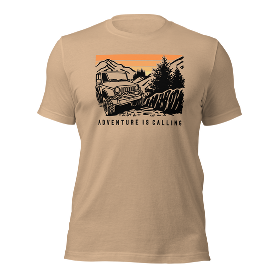 Men's T Shirt with graphic of a Jeep offroading in the mountains with the Words Adventure is Calling from River to Ridge Clothing brand