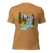  Product mockup of a Christian Scripture T shirt from River To Ridge clothing with Isaiah 12:3 and a tent and a waterfall