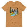 Product mockup of a Christian Scripture T shirt from River To Ridge clothing with Isaiah 12:3 and a tent and a waterfall