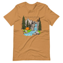  Product mockup of a Christian Scripture T shirt from River To Ridge clothing with Isaiah 12:3 and a tent and a waterfall