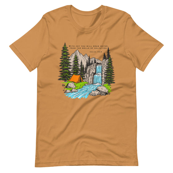 Product mockup of a Christian Scripture T shirt from River To Ridge clothing with Isaiah 12:3 and a tent and a waterfall