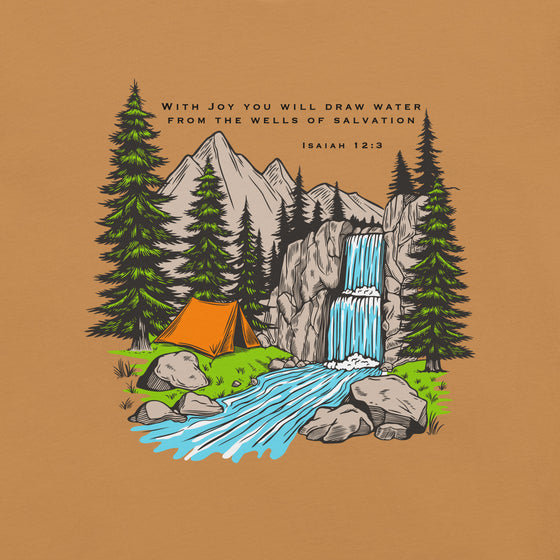 Product mockup of a Christian Scripture T shirt from River To Ridge clothing with Isaiah 12:3 and a tent and a waterfall