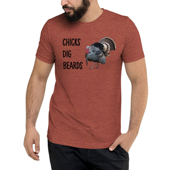 Chicks Dig Beards, Funny Turkey Hunting Logo T shirt from River to Ridge Clothing brand with a strutting Tom on it