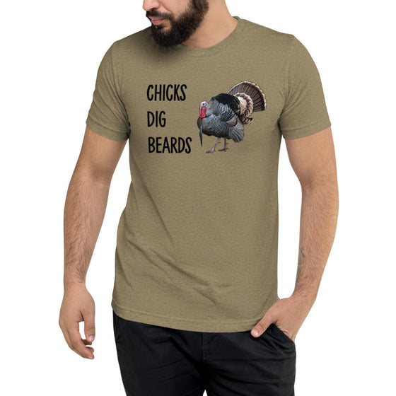 Chicks Dig Beards, Funny Turkey Hunting Logo T shirt from River to Ridge Clothing brand with a strutting Tom on it