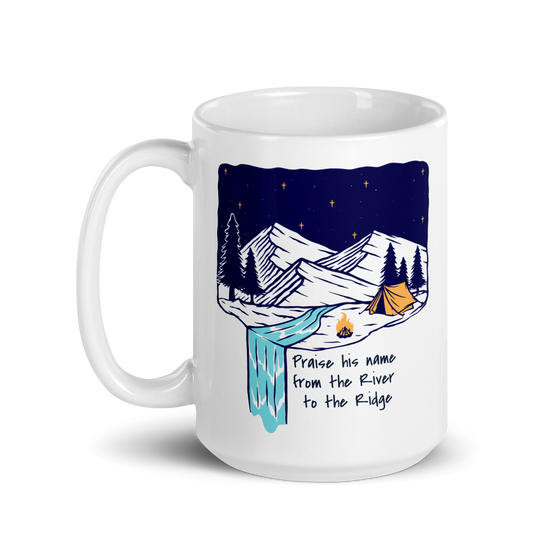 Product mockup of a Christian Outdoor Lifestyle Coffee Mug from River to Ridge Clothing Brand with a mountain scene and tent and uplifting words.