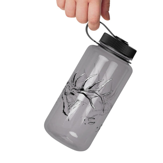 River to Ridge Clothing Brand BPA free water bottle with elk logo and elk tracks on it.