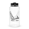 Product mockup of a Miles= Piles Shed Hunting antler water bottle from River to Ridge clothing brand