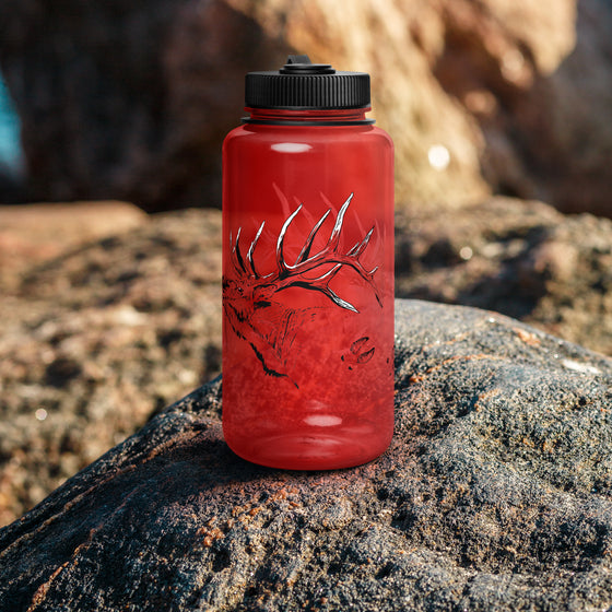 River to Ridge Clothing Brand BPA free water bottle with elk logo and elk tracks on it.