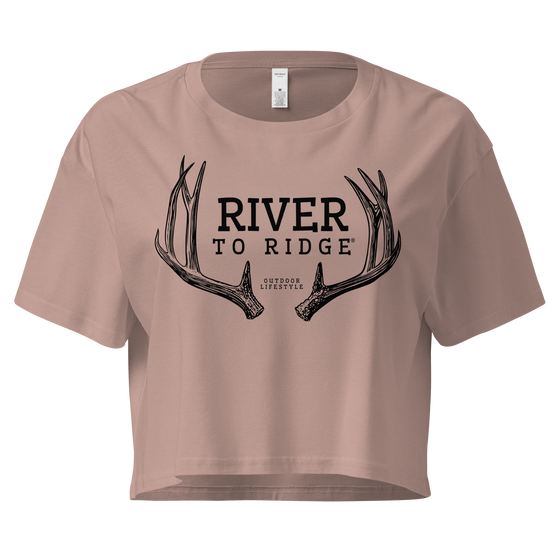 River to Ridge Deer Antler Logo on a hazy pink crop top t shirt for women