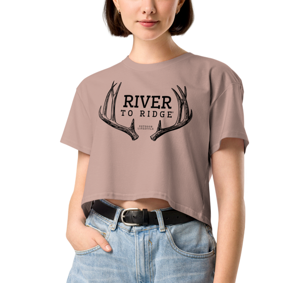 River to Ridge Deer Antler Logo on a hazy pink crop top t shirt for women