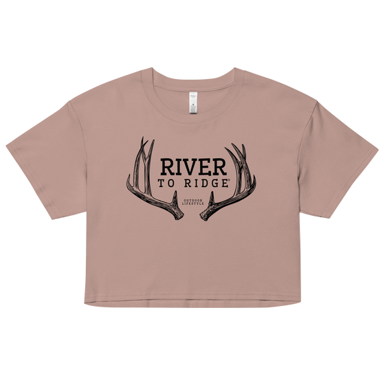 River to Ridge Deer Antler Logo on a hazy pink crop top t shirt for women