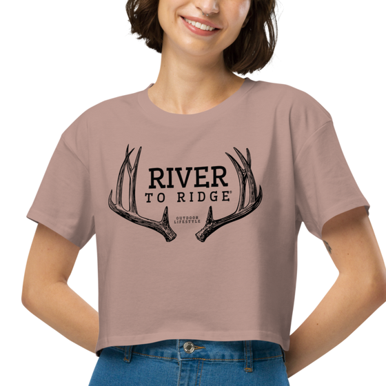 River to Ridge Deer Antler Logo on a hazy pink crop top t shirt for women