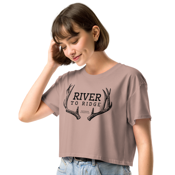 River to Ridge Deer Antler Logo on a hazy pink crop top t shirt for women