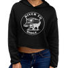 Hog Hunting Cropped Hoodie for Women from River to Ridge Clothing Brand, black with white print USA - close up photo on model