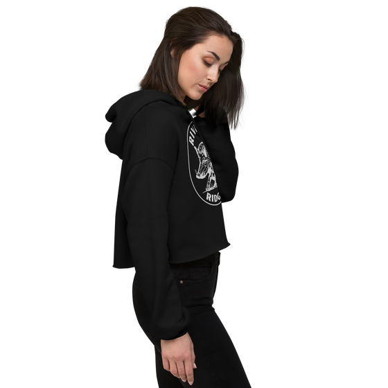 Hog Hunting Cropped Hoodie for Women from River to Ridge Clothing Brand, black with white print USA - side view photo on model