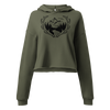 Womens crop hoodie with antler logo and mountains on it, says adventure awaits. in olive green