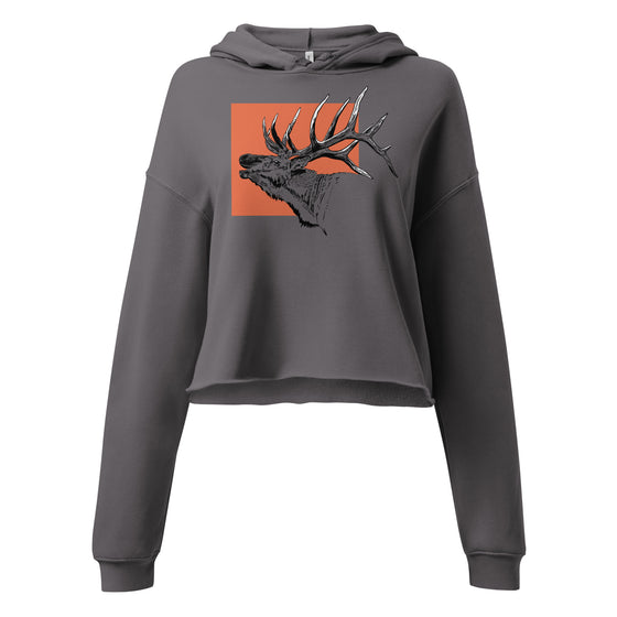 Cropped Hoodie in grey with bugling elk and orange rectangle from River to Ridge Clothing Brand