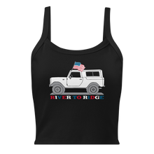  Vintage USA Logo from River to Ridge clothing brand on a black tank top. featuring a Bronco with an american flag in white and grey.